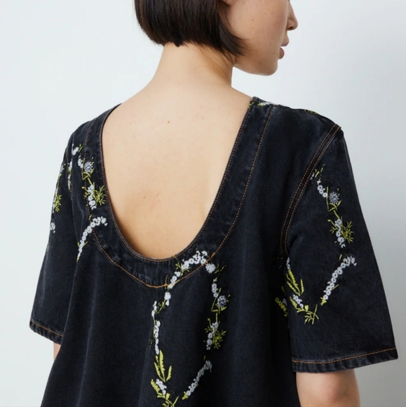 Ganni Embroidery Black Washed A-Line Mini Dress Size 38 - Picture 3 of 14